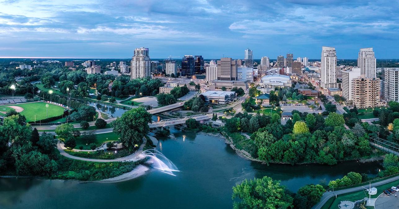 aerial view of downtown london and the forks of the thames river